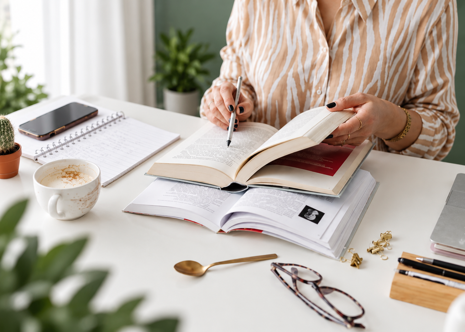 Author reviewing a book and publishing materials